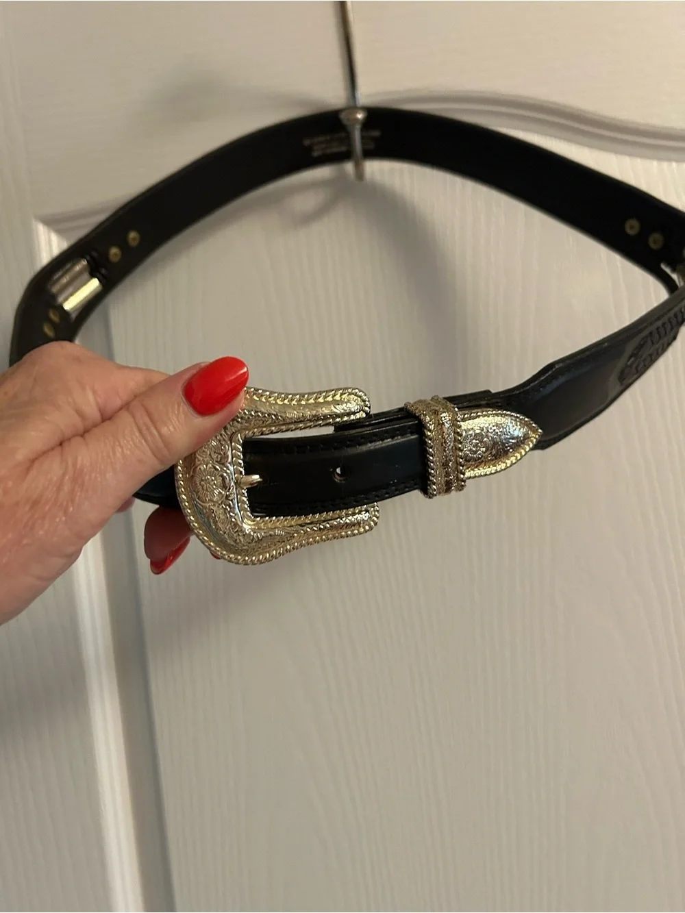 Black Leather Western Belt with Decorative Silver Buckle
